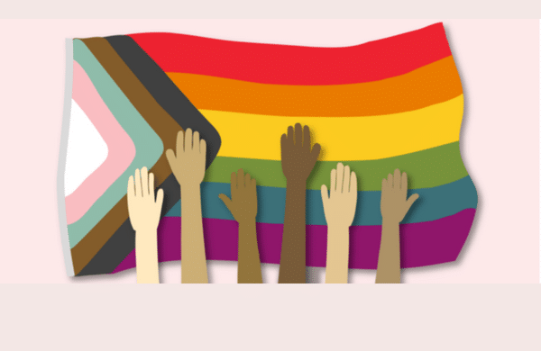 Pride flag with hands of many different skintones