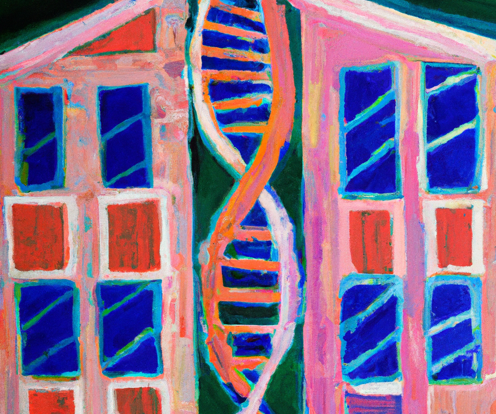 Matisse style oil painting of house made of DNA helixes